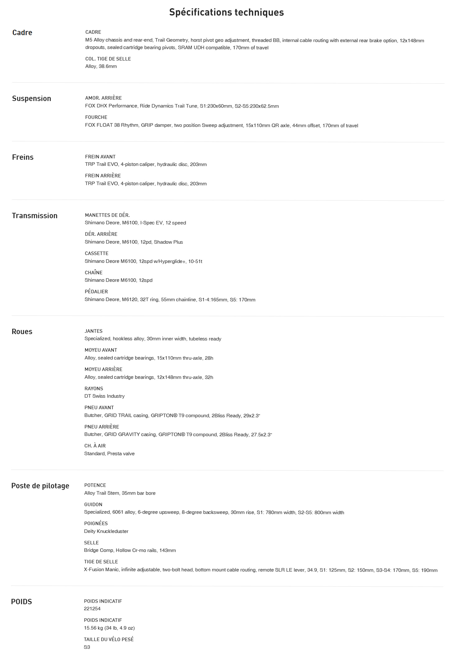 Fiche technique du vélo Status 2 170 année 2025